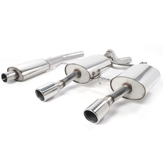 Milltek Resonated 2.5" Cat Back Exhaust System featuring two polished 90mm round jet tailpipes, made of stainless steel with a sleek, shiny finish.