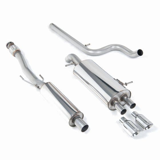 Milltek Resonated 2.5" Cat Back Exhaust System featuring polished stainless steel construction, two 80mm round GT tailpipes, and EC approval for performance enhancement.