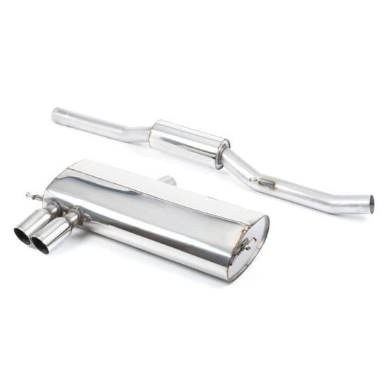 Polished stainless steel Milltek resonated 2.75" cat back exhaust system featuring a muffler and two 76.2mm round GT polished tailpipes.