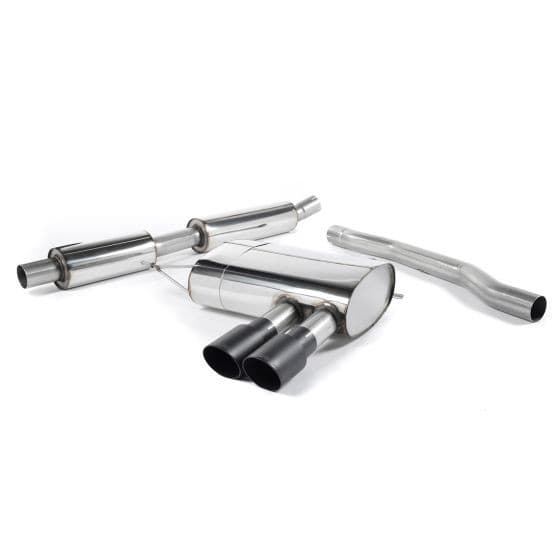 Milltek Resonated 2.75" Cat Back Exhaust System featuring polished stainless steel components and two 90mm round GT Cerakote black tailpipes.