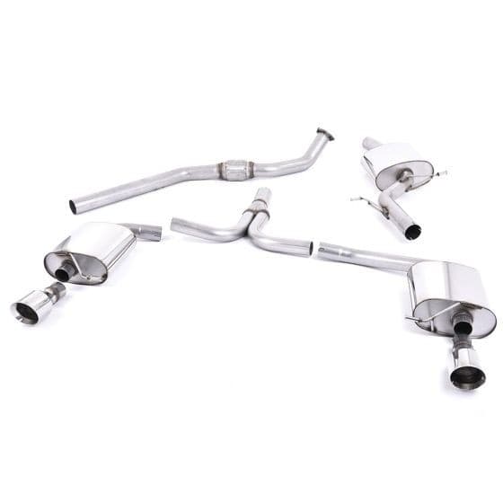 Milltek Resonated 2.76" Cat Back Exhaust System featuring polished stainless steel construction, two 100mm round GT tailpipes, and multiple exhaust components arranged on a white background.