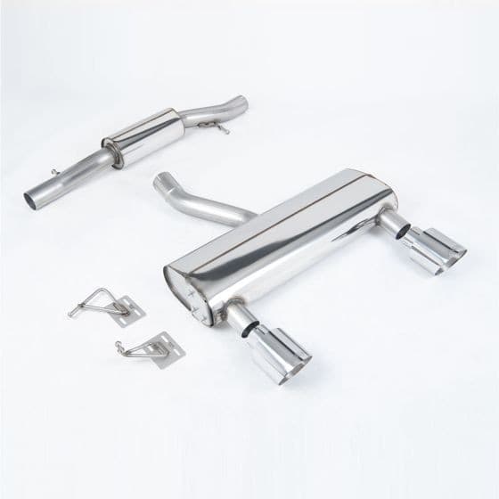 Polished stainless steel cat-back exhaust system featuring a resonated design, 2.76-inch diameter, and two 115mm round GT polished tailpipes with mounting brackets.