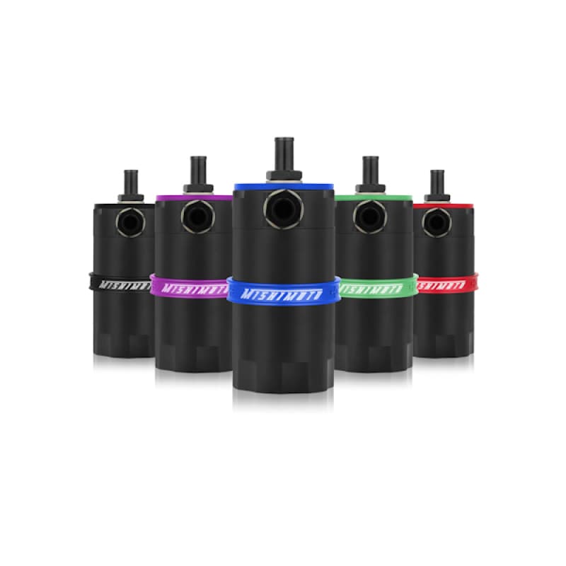Mishimoto baffled oil catch can in purple, featuring a sleek black body, a colored band, and multiple color options displayed in a group setting.