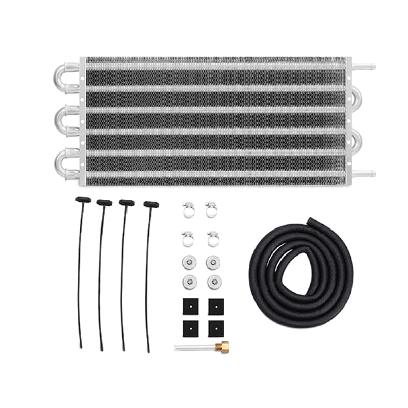 Universal transmission fluid cooler in silver aluminum with multiple finned sections, accompanied by installation hardware including hoses, brackets, and fittings.