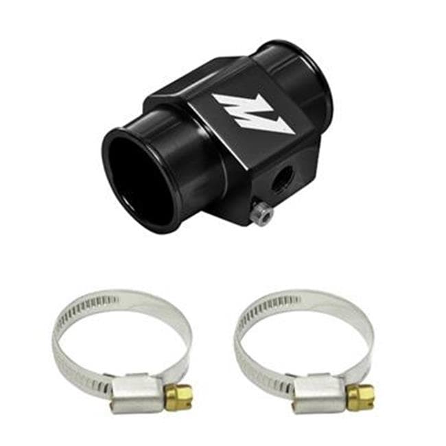Black aluminum water temperature sensor adapter with a 34mm diameter, featuring a silver Mishimoto logo and two metal hose clamps included.