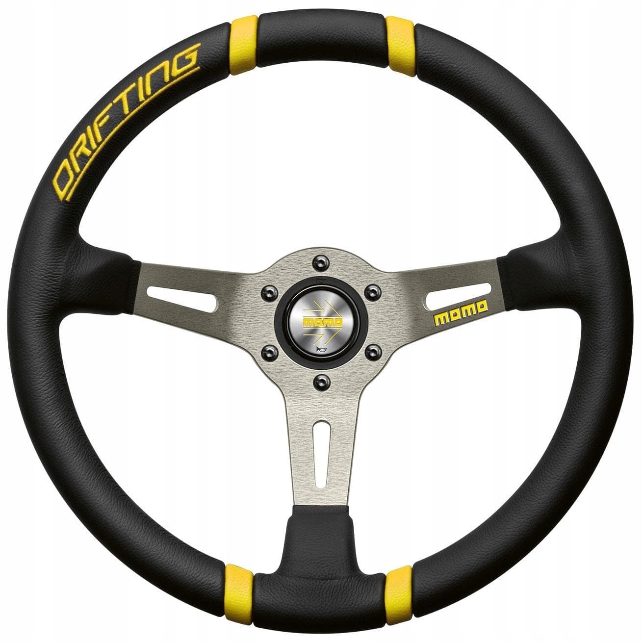 Black leather steering wheel with yellow accents, featuring "DRIFTING" text, a brushed metal hub, and a three-spoke design, ideal for drifting enthusiasts.
