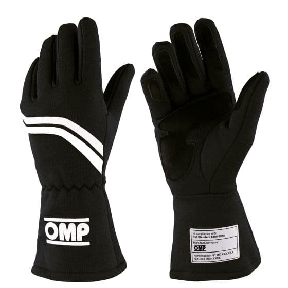 Black OMP Dijon Race Gloves in size small, featuring a sleek design with white stripes and a prominent OMP logo on the wrist, made from durable, high-performance material.
