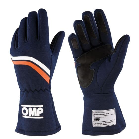 Navy blue OMP Dijon race gloves in size M, featuring a sleek design with orange and white stripes, reinforced palm, and a comfortable fit for racing enthusiasts.