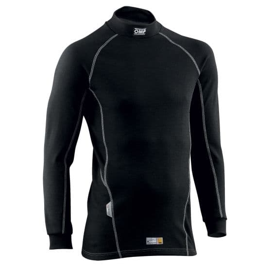 Black long sleeve top by OMP in size XL, featuring a high neck, contrasting stitching, and a snug fit, made from a breathable material ideal for racing.
