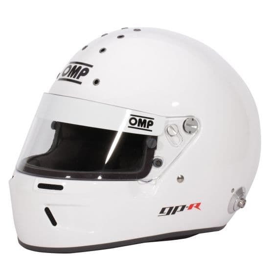 White OMP GP-R helmet in size M with a clear visor, ventilation holes on top, and a sleek design featuring the OMP logo and model name on the front and side.