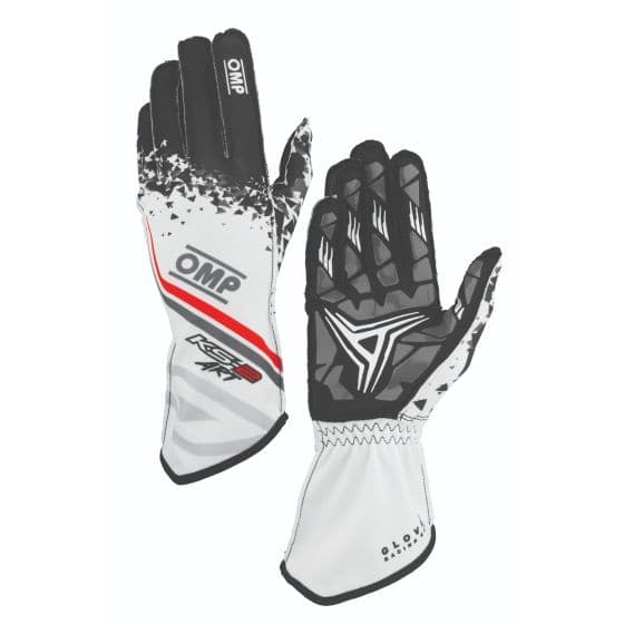 White and black OMP KS-2 Art Kart gloves featuring a textured grip, striking graphics, and a snug fit, designed for karting, in size XXXXXS.