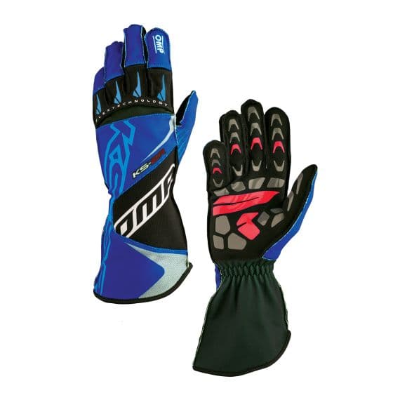 Blue and black OMP KS-2R kart gloves, featuring a sleek design, padded grip, and reinforced knuckles, ideal for karting performance, size L.