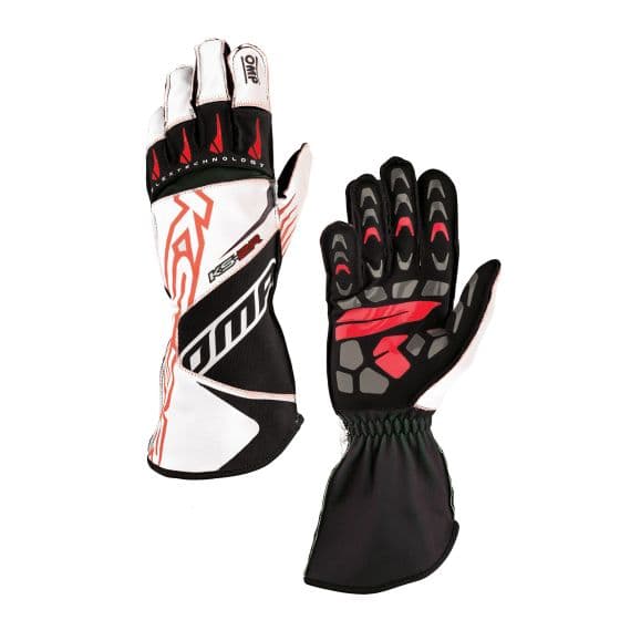 White and black kart gloves featuring red accents, a textured grip on the palm, and a snug fit with a cuff for enhanced comfort and performance.