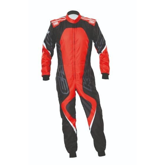 Black and red OMP KS-3X Art Kart Suit, featuring a sleek design with contrasting color panels, made from durable material, size 150cm, ideal for kart racing.