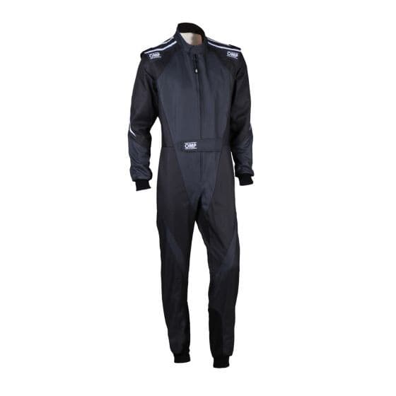 Black and anthracite kart suit featuring a zip front, OMP branding on the shoulders, and a fitted design, suitable for size 140cm.