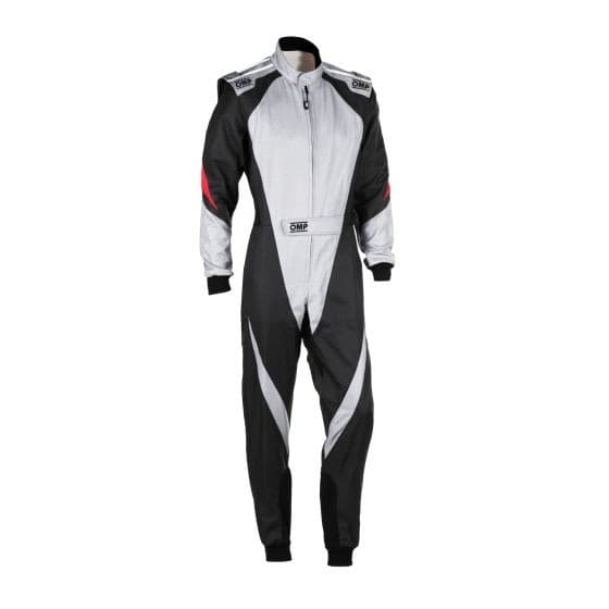 Black kart suit with silver and red accents, featuring a zip front, OMP branding, and a fitted design, sized at 120cm.