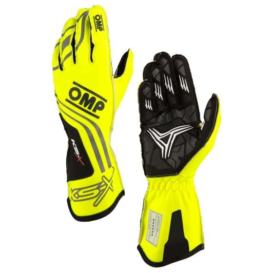 Fluro yellow OMP KS-X kart gloves in size XL, featuring a sleek design, reinforced black palm for grip, and breathable fabric for comfort.
