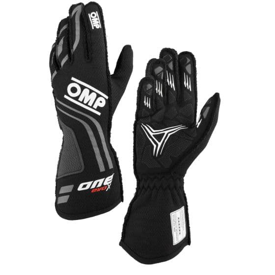 Black OMP One Evo X race gloves in size XS, featuring a textured grip, reinforced stitching, and a snug fit with a logo on the wrist and a distinctive design for optimal performance.