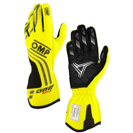 Fluorescent yellow OMP One Evo X race gloves in size XS, featuring a textured black grip, reinforced seams, and a sleek design for optimal performance.