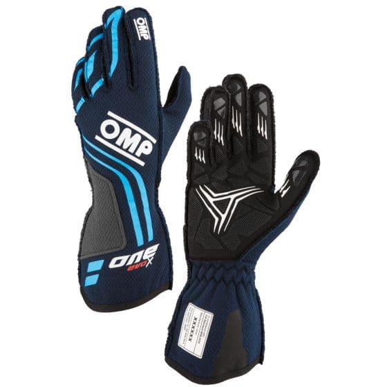 Navy blue and cyan race gloves with a textured grip, reinforced stitching, and a snug fit, designed for optimal performance in motorsport. Size XS.
