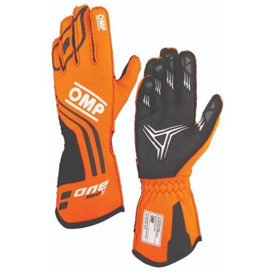 OMP One Evo X race gloves in orange and black, featuring a textured grip, reinforced seams, and a snug fit, designed for optimal performance in racing. Size XL.