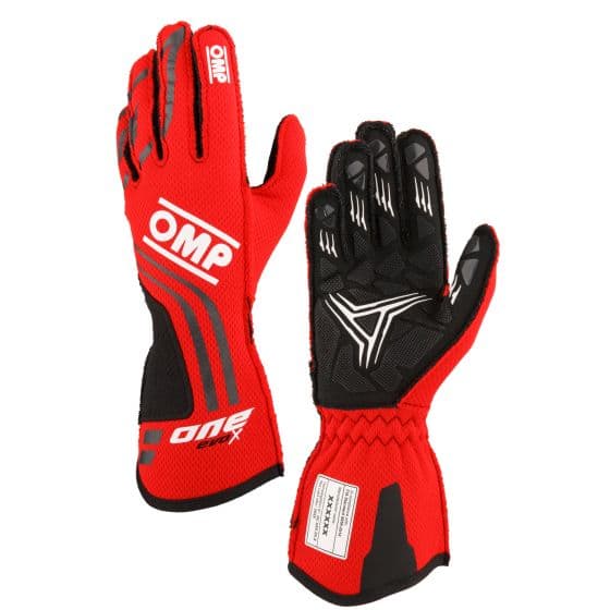 Red OMP One Evo X race gloves in size XS, featuring a textured black grip, reinforced knuckles, and a sleek design with white accents and branding.
