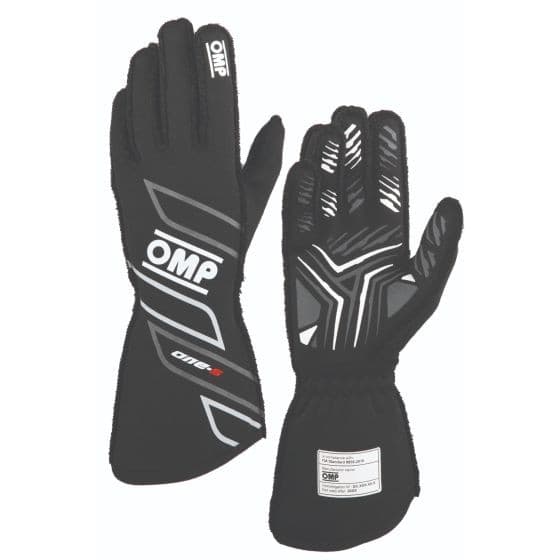 Black OMP One S Race Gloves in size L, featuring a sleek design with white accents, a textured grip on palms, and a long cuff for added protection.