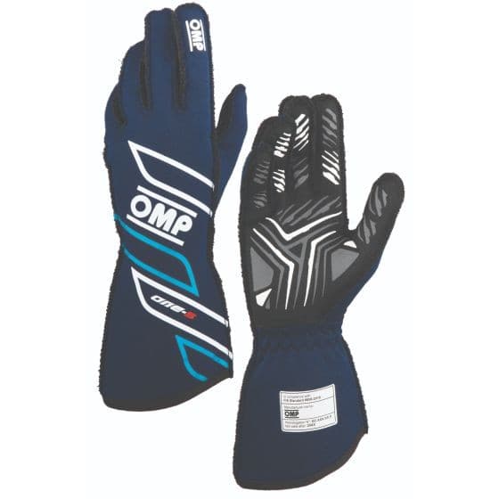 Navy blue and cyan OMP One S Race Gloves in size XXL, featuring a textured grip on the palm and a sleek design with branding on the back.