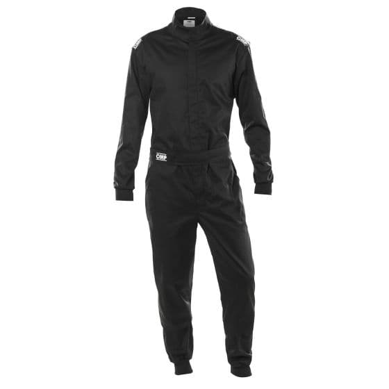 Black OMP OS10 single layer race suit in size XL, featuring a high collar, zip front, elastic cuffs, and OMP branding on the chest and shoulders.