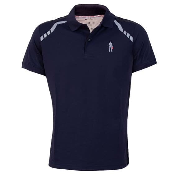 Navy blue polo t-shirt made of breathable material, featuring a classic collar, short sleeves, and reflective white stripes on the shoulders, with a small logo on the chest.