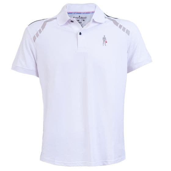White polo t-shirt with a classic collar, featuring grey shoulder accents and a small racing figure logo on the chest, made from breathable material, size XL.