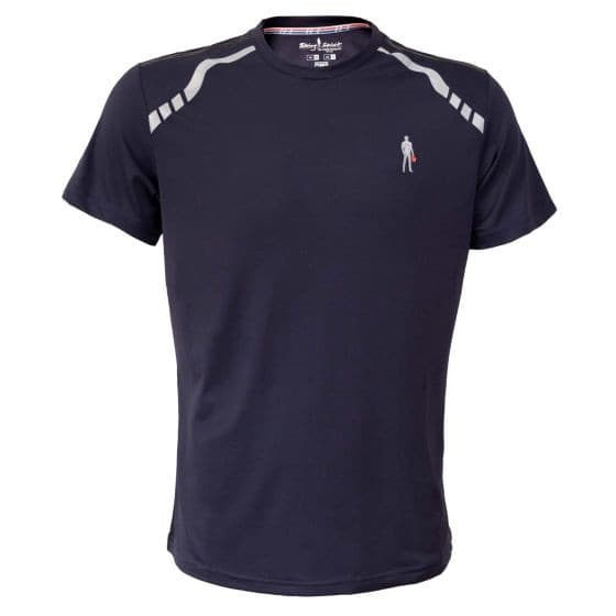 Navy blue OMP Racing Spirit ADV Tecno Pique T-Shirt in size XL, featuring a slim fit, short sleeves, and subtle gray detailing on the shoulders.