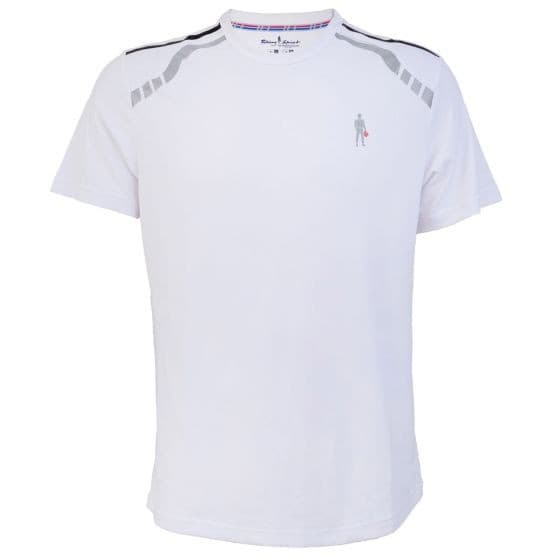 White OMP Racing Spirit ADV Tecno Pique T-Shirt in XXL, featuring grey shoulder stripes and a small logo on the chest, made from breathable pique material.