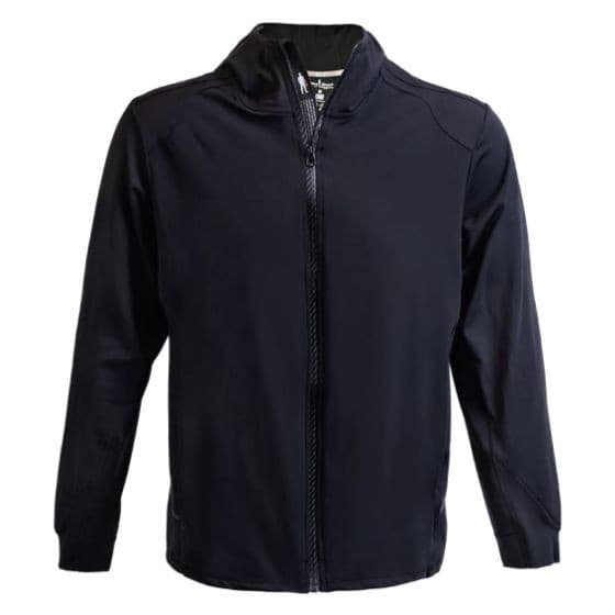 Black OMP Racing Spirit Tech Fleece in XXL, featuring a full zip front, high collar, and soft, stretchy material ideal for comfort and performance.