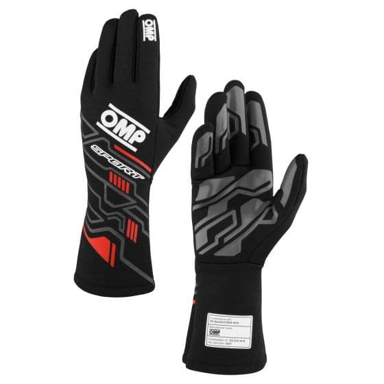 Black and red OMP Sport Race Gloves in size S, featuring a sleek design with rubberized grip patterns and reinforced cuffs for enhanced performance and comfort.