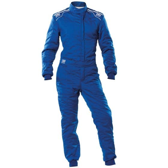 Blue OMP Sport Race Suit in size XL, featuring a quilted design, elastic cuffs, and white piping along the shoulders for enhanced visibility and comfort.
