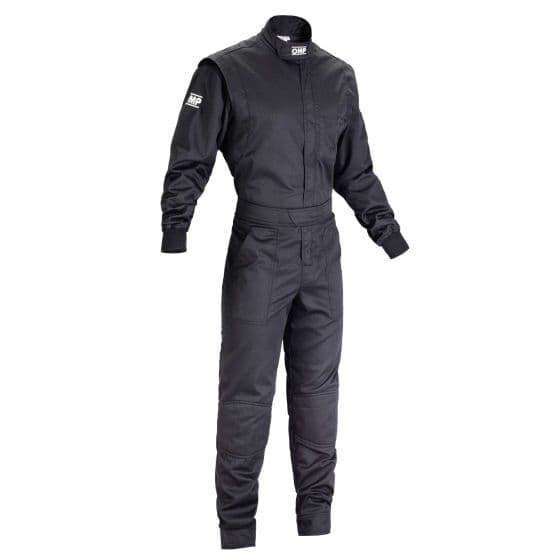 Black children's overalls by OMP, size 140cm, featuring a zip front, long sleeves, and elastic cuffs, made from durable material suitable for summer wear.