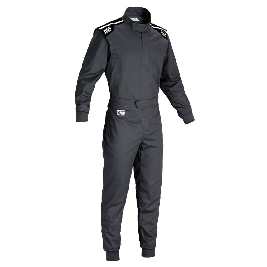 Black OMP Summer-K Kart Suit in size S, featuring a zip front, adjustable waist, and shoulder epaulets with OMP branding.