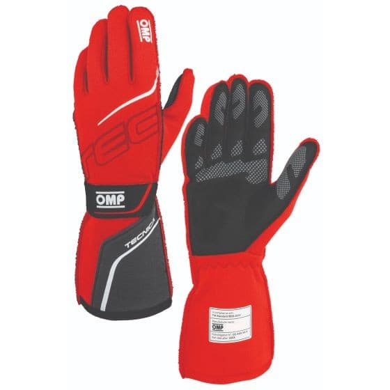 Red and black OMP Tecnica Race Gloves in size XS, featuring a sleek design, textured grip on palms, and reinforced wrist straps for secure fit.