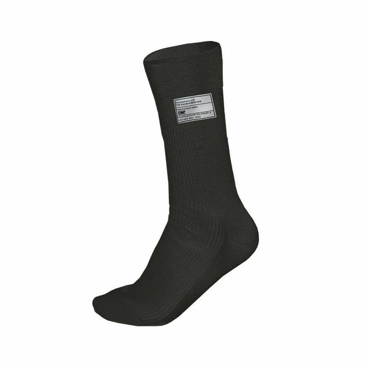 Black OMP Tecnica socks in size L, made from a stretchy material, featuring a ribbed texture and a label on the side for identification.