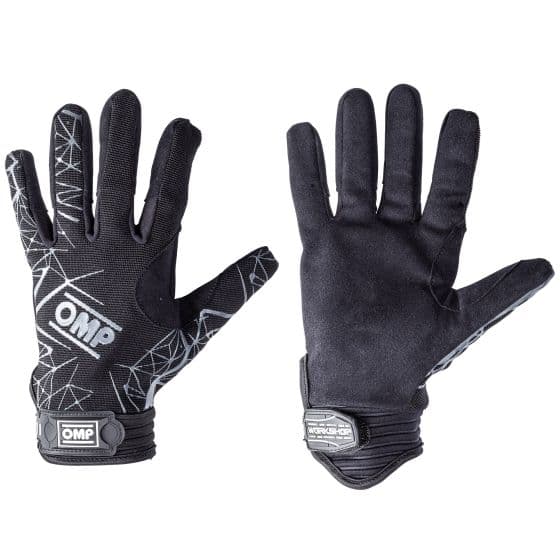 Black OMP Workshop EVO Mechanics Gloves in size M, featuring a textured grip, elastic wrist closure, and a geometric pattern on the back for enhanced dexterity and comfort.