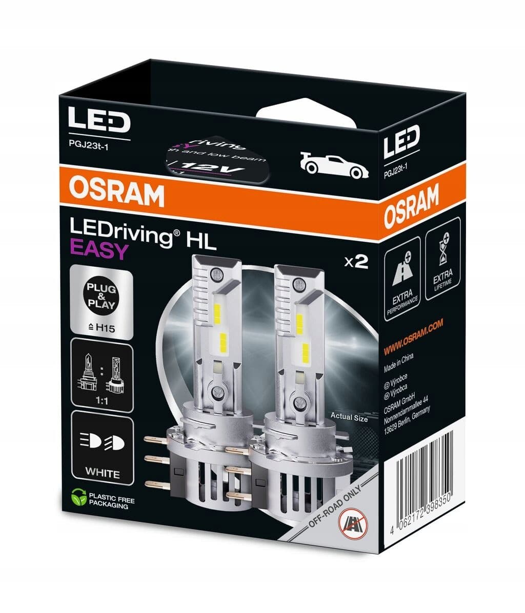 Two Osram LED bulbs in a black and orange box, labeled "LEDriving HL EASY," featuring a silver metallic base and white LED lights, designed for H15 sockets.