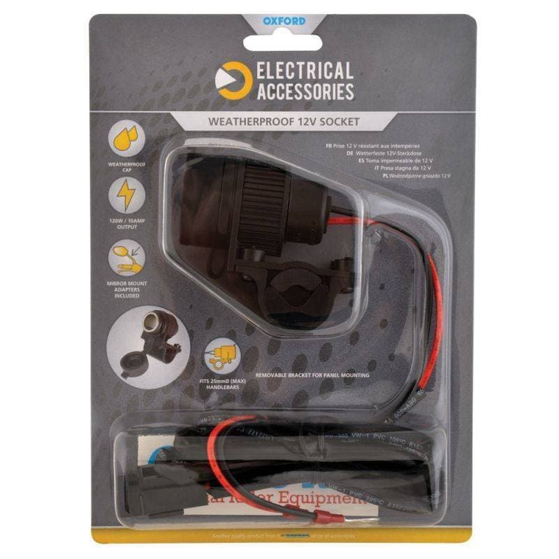 Weatherproof 12V socket by Oxford, featuring a black plastic casing, red and black wires, and a removable bracket for easy mounting, packaged for electrical accessories.