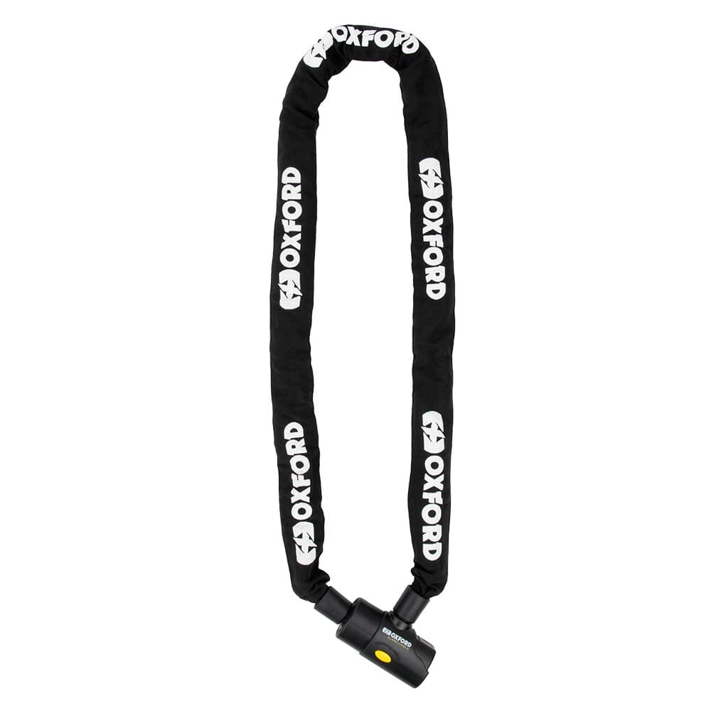 Black chain lock with a fabric cover, featuring white "OXFORD" branding, a sturdy locking mechanism, and a flexible design for secure bike locking.