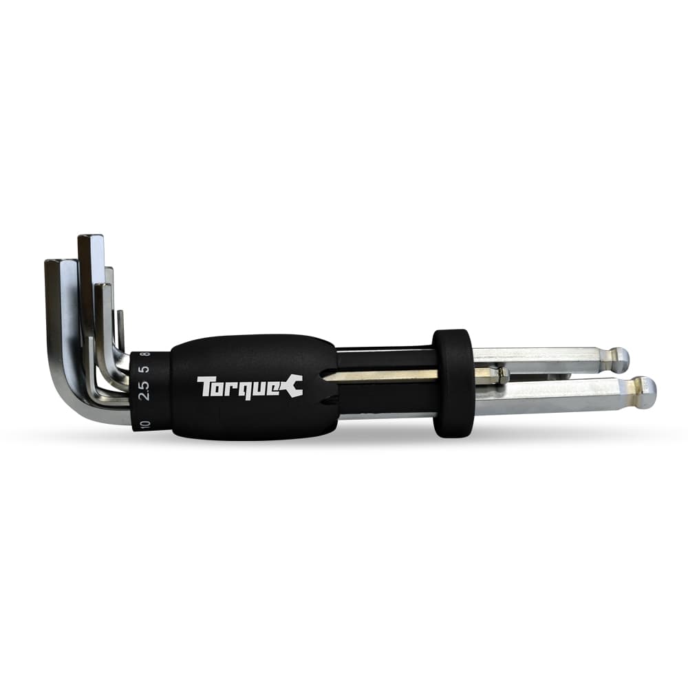 Black ergonomic handle with silver metal hex keys ranging from 1.5mm to 10mm, featuring a compact design for easy storage and use.