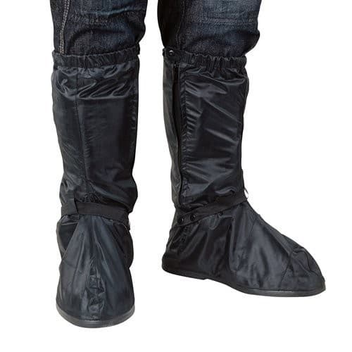 Black Oxford Rainseal rain overboots in size L, made from waterproof material, featuring a snug fit with elastic cuffs and adjustable straps for secure wear.