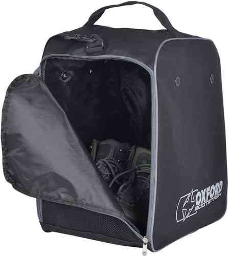Black padded boot carrier with a zippered opening, featuring a mesh panel for ventilation and the Oxford logo on the side, designed to hold and protect boots.