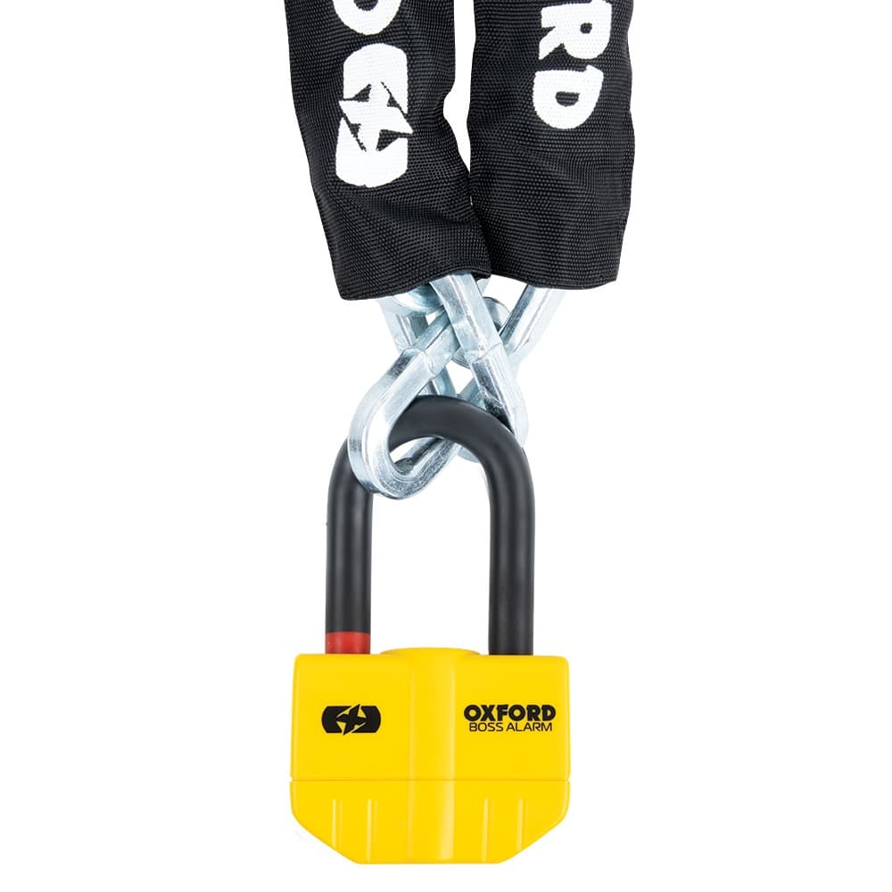 Yellow Oxford Boss Alarm lock with a sturdy black chain, featuring a 14 mm padlock and a 12 mm x 1.2 m chain, designed for security and durability.