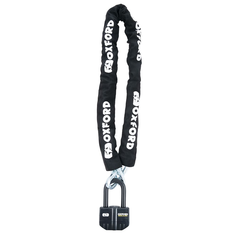 Black chain lock with a 16 mm alarm padlock, featuring a durable fabric cover and prominent white "Oxford" branding along the chain, measuring 1.5 meters in length.