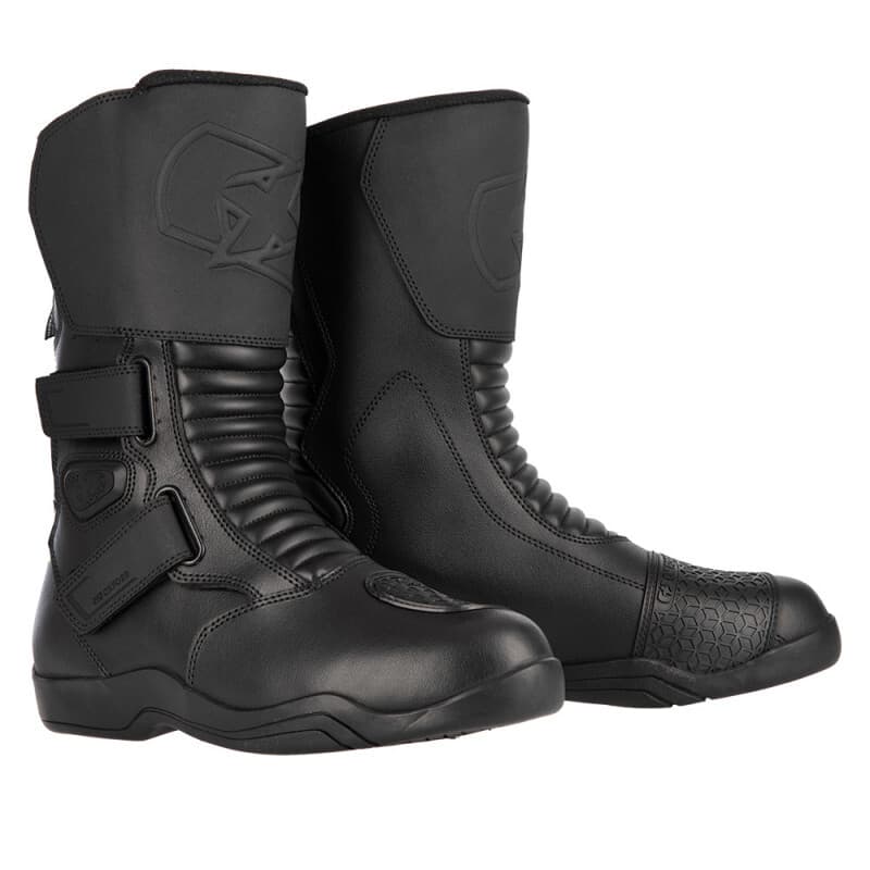 Black Oxford Delta Motorcycle Boots in size 42 (UK 8) feature a sleek design with ribbed detailing, adjustable straps, and a textured toe cap for enhanced grip and protection.